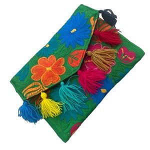 Handmade artisan clutch cross body bag Mexico floral colourful tassels boho